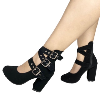 Bota Sandália Feminina Blogueira Boneca Salto Bloco 9 cm Preto para Saia Vestido Festas Confortável Exclusiva 82