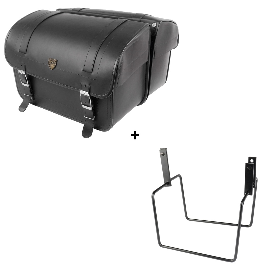 Kit Viagem Shadow 600 Afastador de Alforge + Alforge Lateral Custom JA em Couro Sintético 25 Litros Liso Preto