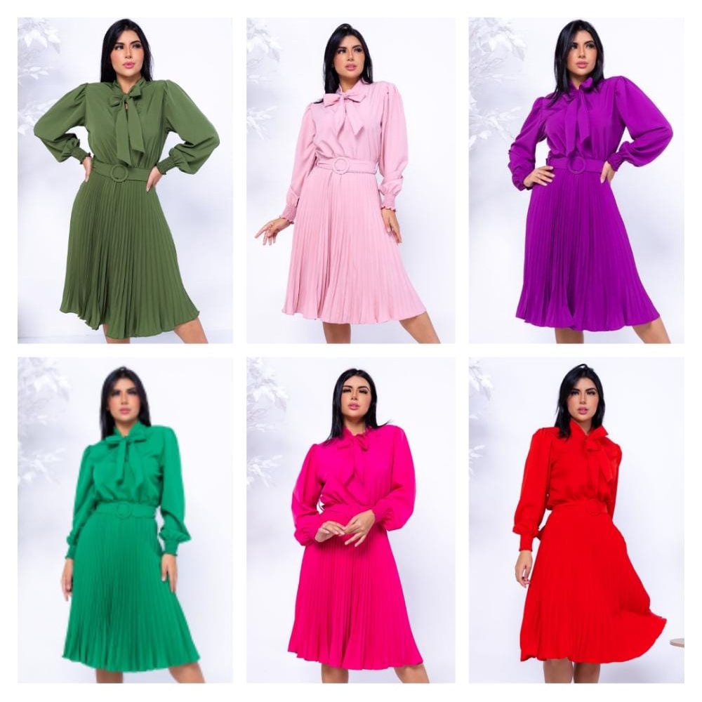 Vestido plissado MANGA LONGA COM LAÇO FRONTAL CINTO FIVELA MODA FEMININA cód.102 em Oferta na Shopee