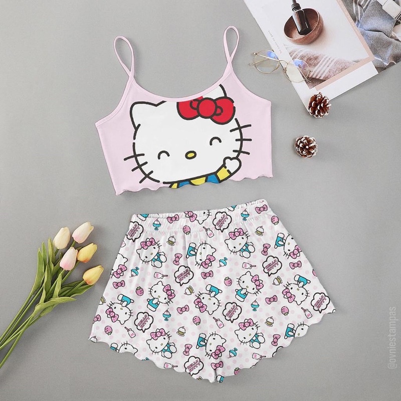 Pijama Feminino Cropped Personagens Roupa de Dormir Baby Doll Moda
