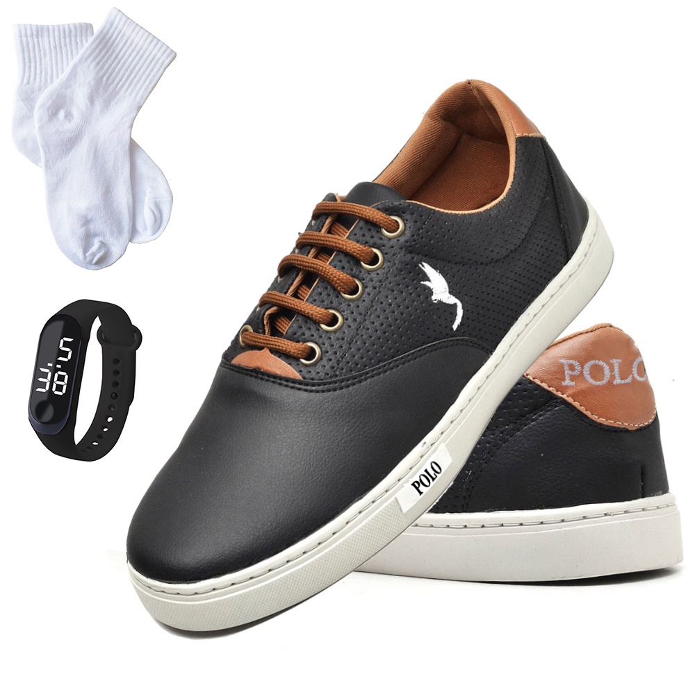 Combo Infantil Tênis Masculino Preto com Relógio Digital e Meia do 27 ao 36 Escolar