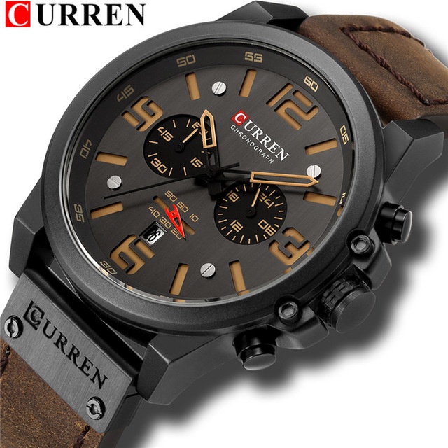 Curren Moeda Top Luxo Marca De Couro Militar Esportivo Masculino À Prova D'água Quartzo Chronograph Relógio Data Moda Casual 8314X - Watches