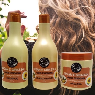 Kit Óleos Essencias Argan e Girassol Maycrene 3x500 Revitaliza e Nutri, dando mais vida e Brilho aos cabelos