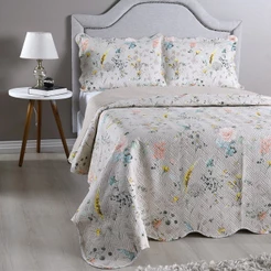 Kit Cobre Leito Colcha Casal 3 Peças Boutis Estampada Dupla Face Porta Travesseiro Aba Americana