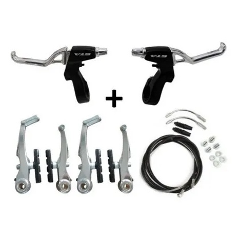 Kit Completo Freio V Brake Alumínio Polido GTA para Bicicleta Aro 20 24 26 29 com Pinos no Quadro Manetes Preto/Polido