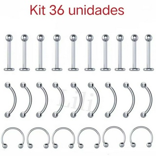 Kit 36 piercings com(3cartela) juntos piercing furradura speto labret microbell curvo em aço inoxidavel