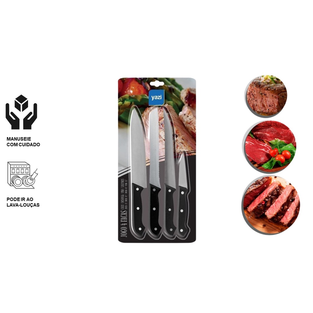 Jogo de Facas Cozinha Yazi - Lâmina Inox - 4 peças - Profissional Chef Cabo Plástico -  Churrasco, Desossa, Legume e Pão