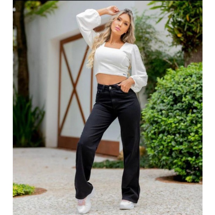 calça Wide leg pantalona preta feminina wissam jeans