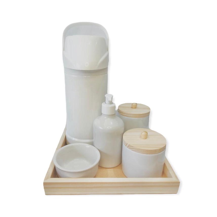 Kit Higiene Bebe Porcelana Branco Gelo Garrafa Termica Grande Completo Com Puxador Bandeja Saboneteira Potes Molhadeira