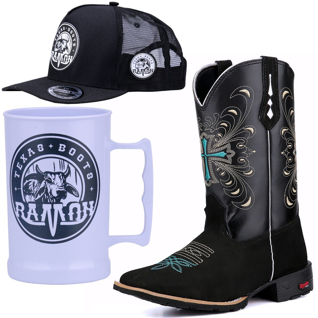 Bota Texana Country Bico Quadrado Feminina Ramon Botas mais Kit Bordada Em Couro