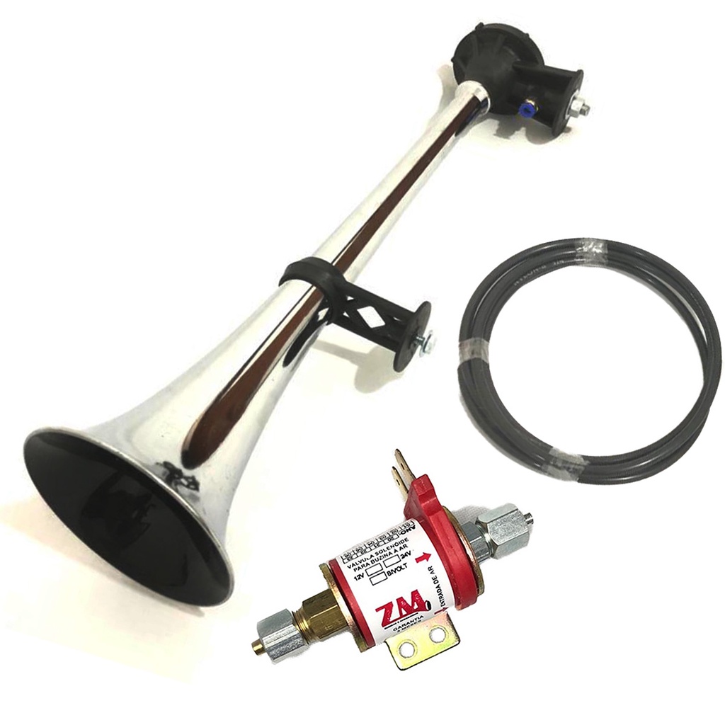 Buzina A Ar marítima Cromada Com Válvula Solenoide 12v.para Caminhão,onibus E Veiculos Com Compressor E/ou Reservatorio De Ar.