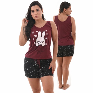 Pijama Feminino Curto Verão Camiseta Baby Doll e Short Doll Malha Estampado Pérola Pijamas