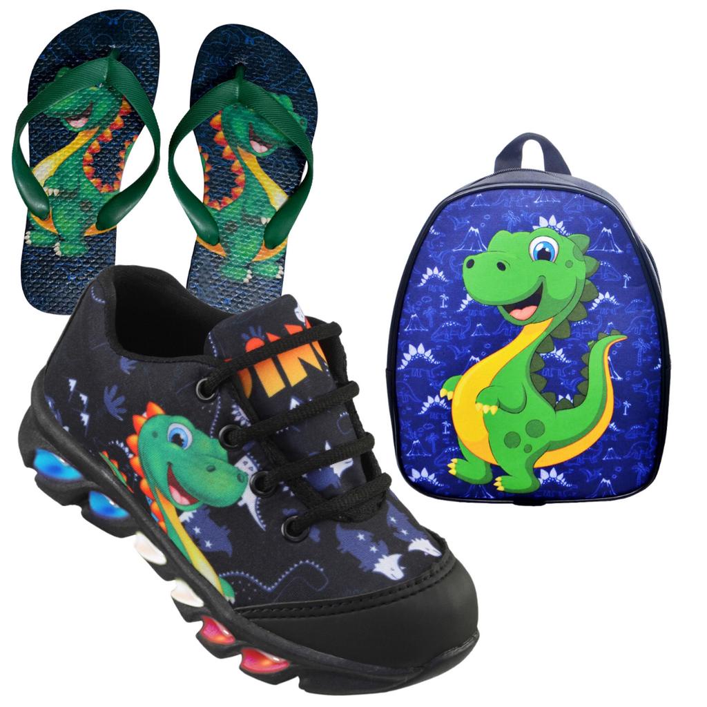 Kit Tenis Infantil De Led Do Dino Dinossauro + Chinelo + Mochila Lançamento Novo