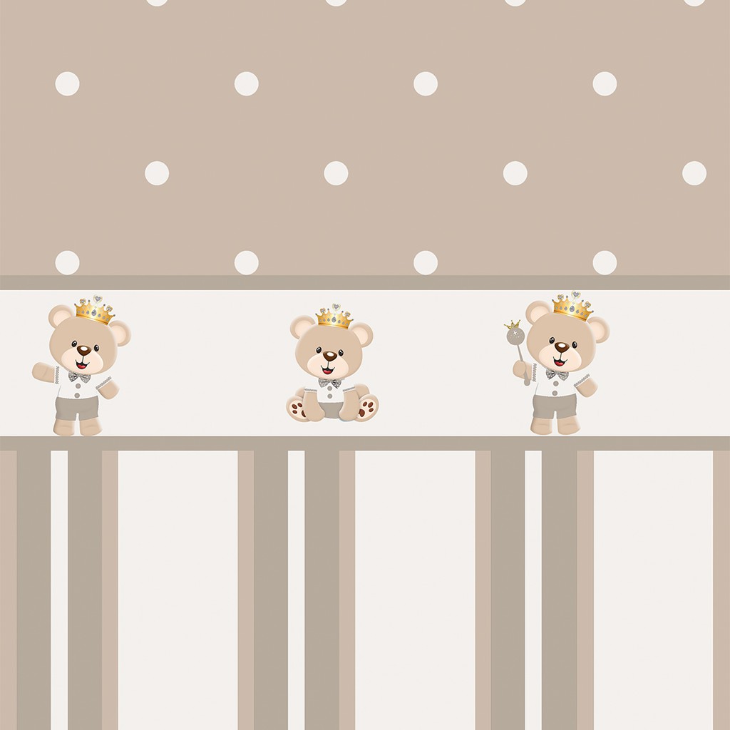 Papel de Parede Infantil Adesivo Quarto de Bebê Bege e Marrom Listrado e Poá Bolinhas Com Faixa de Ursinho Príncipe Realeza Corôa - SSBB-099 em Oferta na Shopee