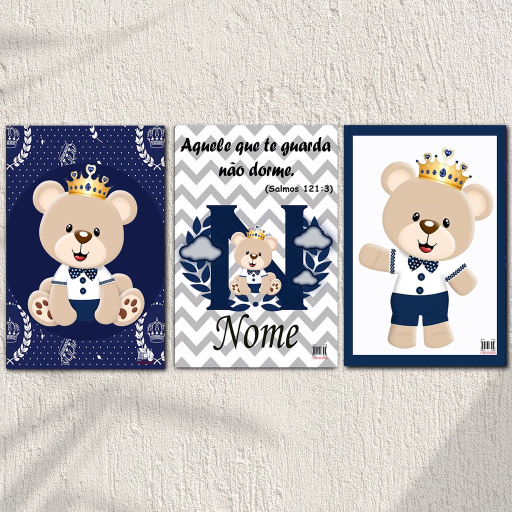 Kit 3 Quadros Ursinho Principe Personalizado Infantil Para Quarto de Bebe