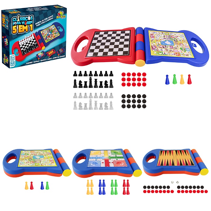 Jogo de Tabuleiro 5 x 1 Xadrez Dama Gamão Ludo Jogo do Ganso