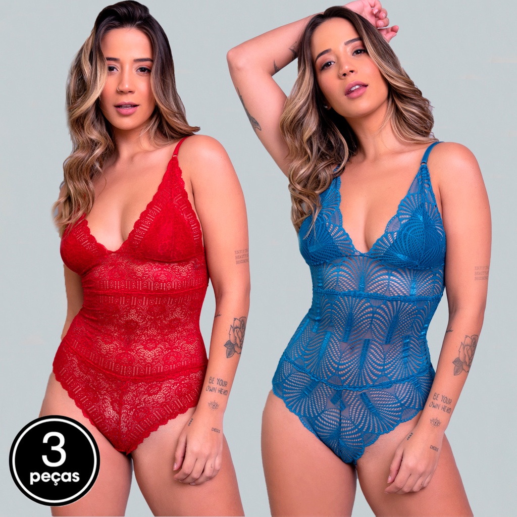 Body JSM Transparente Sexy Renda Decote Lingerie Casual Blogueira Bory Paola
