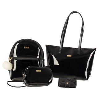 Kit Bolsas Feminina em Verniz 5 Itens (Mochila + Bolsa Grande + Bolsa Pequena + Carteira + Chaveiro Pompom) em Oferta na Shopee