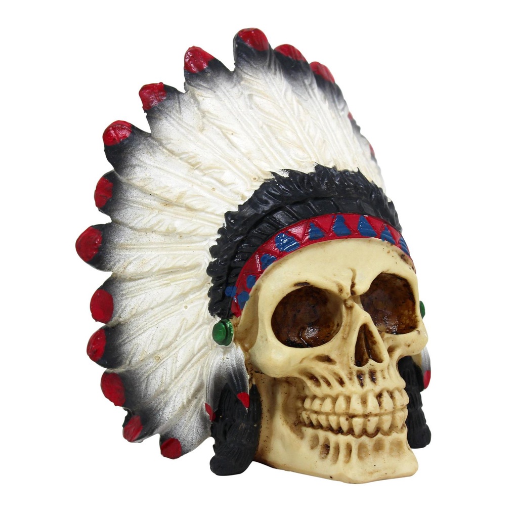 Caveira indígena crânio cocar Índio cacique tribal 14 cm