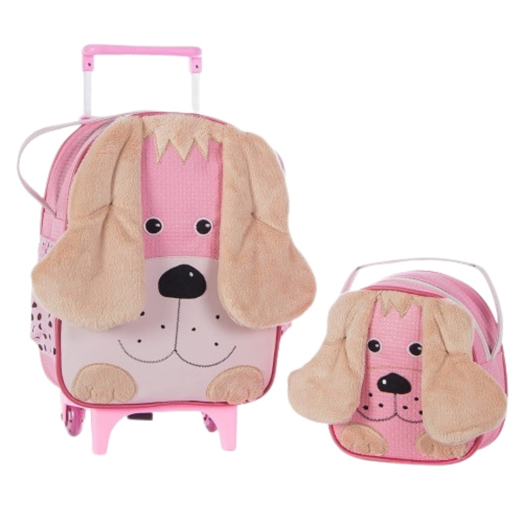 Kit Mochila De Carrinho Infantil Bichinho G + Lancheira - Suporte Lancheira - Bebê Escolar Pets Zoo - Mochila Rodinha