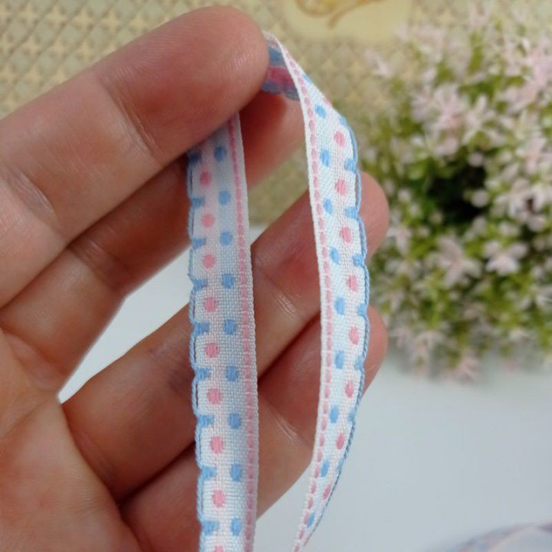 10 metros de passamanaria galão decorado cód 83 cx8 bordado de bolinhas rosa bebê e azul bebê para artesanato lembrancinha enxoval
