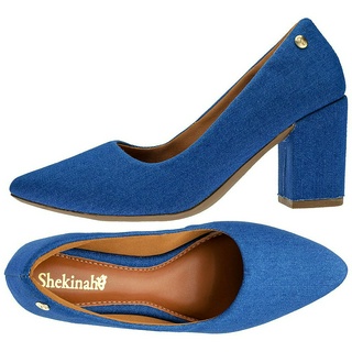 Sapato Social Scarpin Bico Fino Salto Alto Bloco Quadrado Luxo Sandália Feminina Confortável Jeans Shekinah Colorida Tendencia Estilosa Blogueira Moda Confortavél e Macio