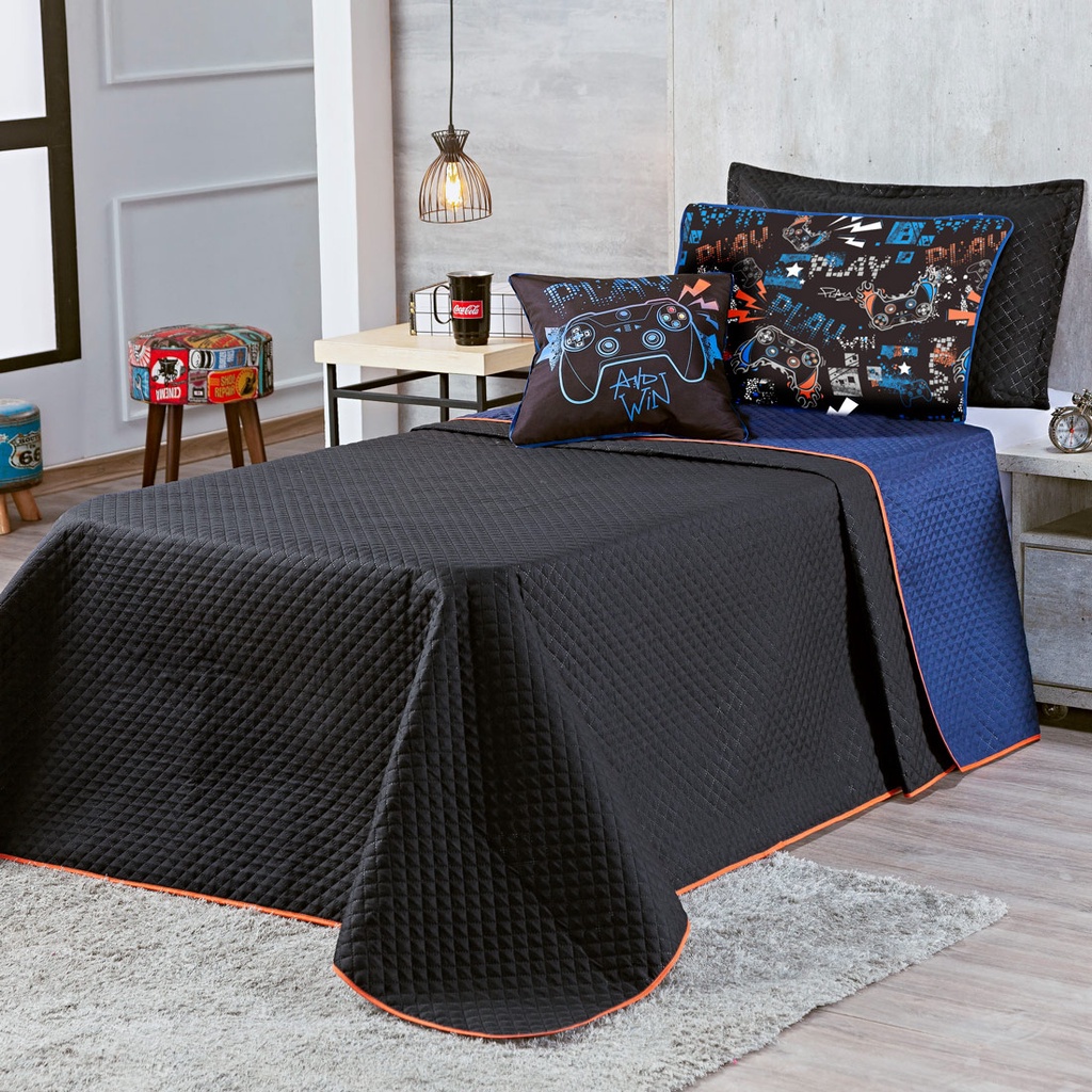 Kit Cobre Leito CASAL PADRÃO 06 Peças Colcha Infantil Game Win Dupla Face com Almofada Estampada em Oferta na Shopee