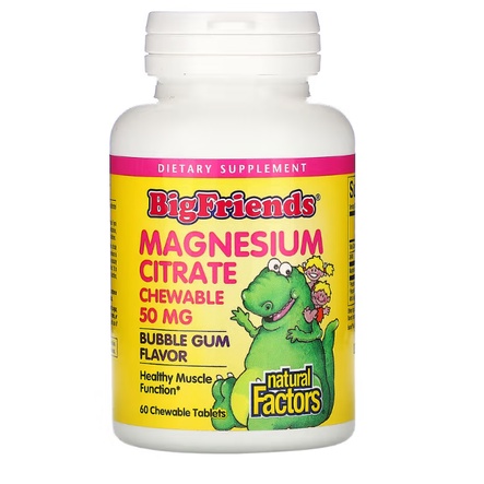 Citrato de Magnésio, kids, Natural Factors, Sabor de Chiclete, 50 mg, 60 Comprimidos Mastigáveis
