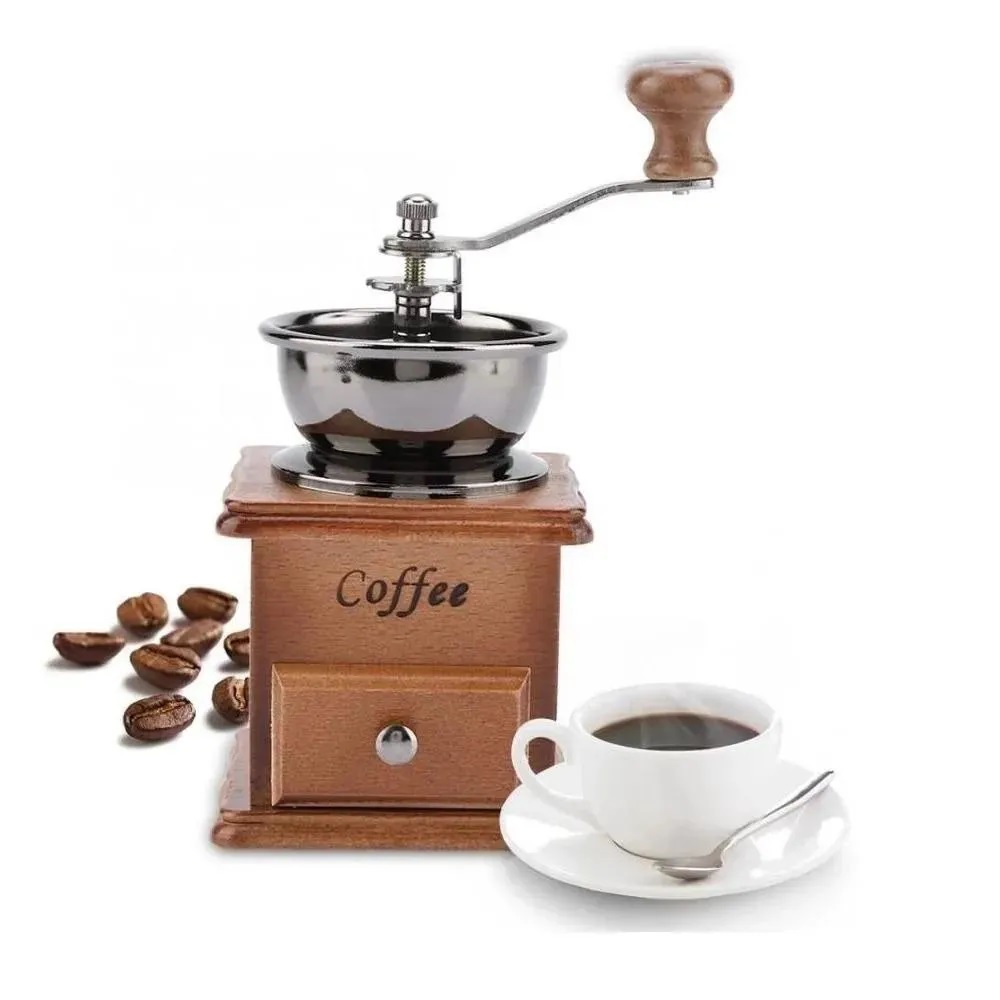 Moedor De Café Manual Retrô Base Em Madeira Triturador Grãos