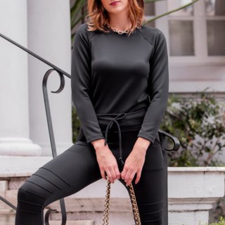 Conjunto Neoprene Preto Feminino de Frio Calça e Blusa - Outono Inverno