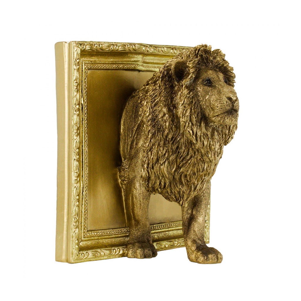 Leão Saindo Moldura Dourado 22cm - Resina Animais