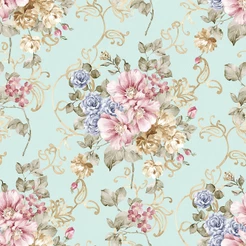 Papel de parede flores rosas e roxa com fundo verde marinho Para Quartos e Sala