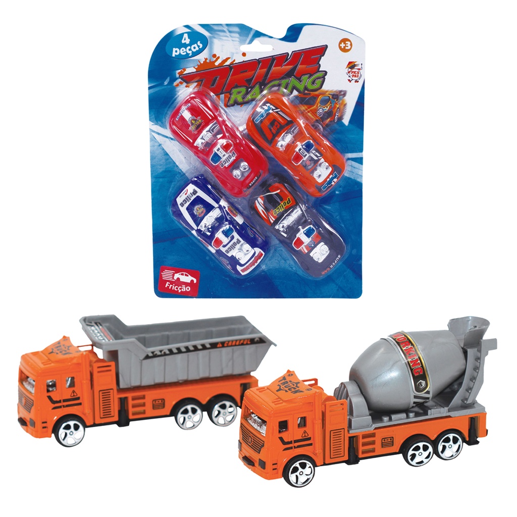 Kit Carrinho a Fricção 4 Carros de Policia + Caminhão a Fricção X Power Construção - Pica pau