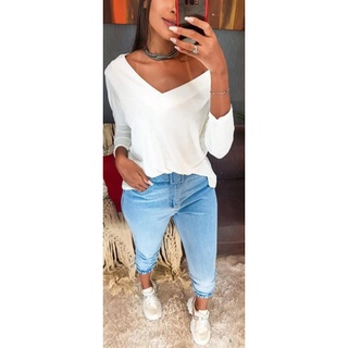 Blusa Feminina Gola V Manga Longa Viscolycra Blusinha Meia Estação Moda Blogueira