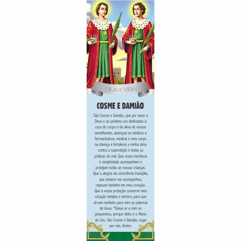 Marca Página São Cosme e Damião 50 unidad. Lembrançsa Católicas Religiosas Papel Couchê Brilho 5x18
