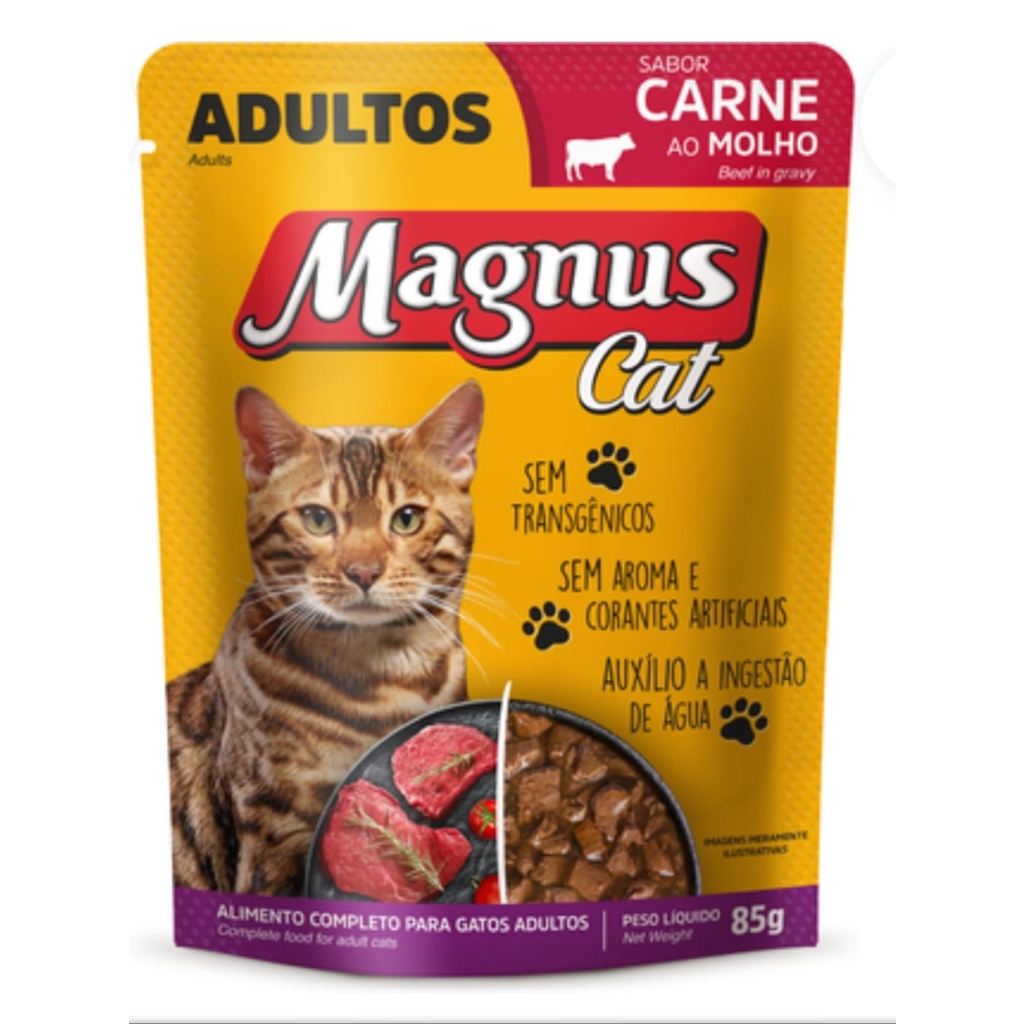 Ração Úmida Magnus Cat Sachê Carne ao Molho para Gatos Adultos 85g ...