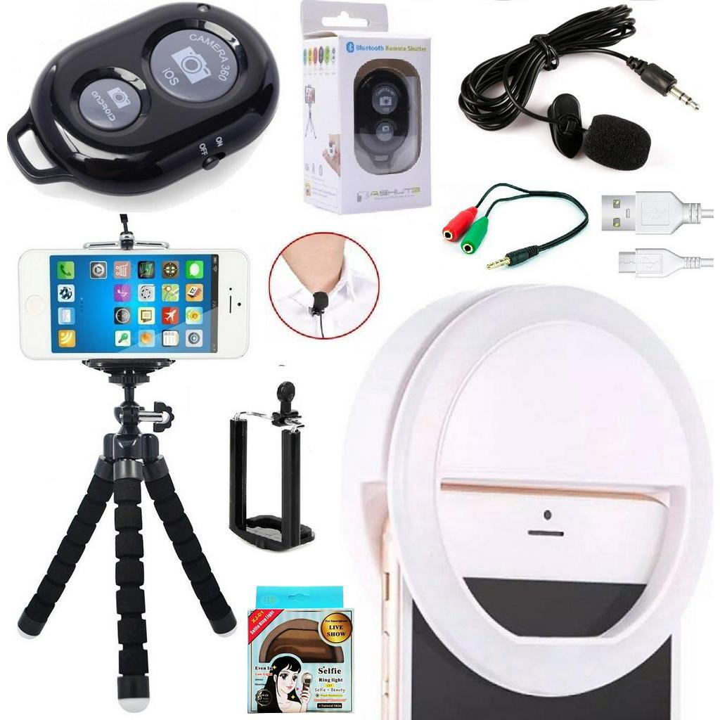 Kit Youtuber Profissional Tripé Para Celular + Microfone Lapela Iluminação Led Clip Anel Ring Light + Controle Bluetooth