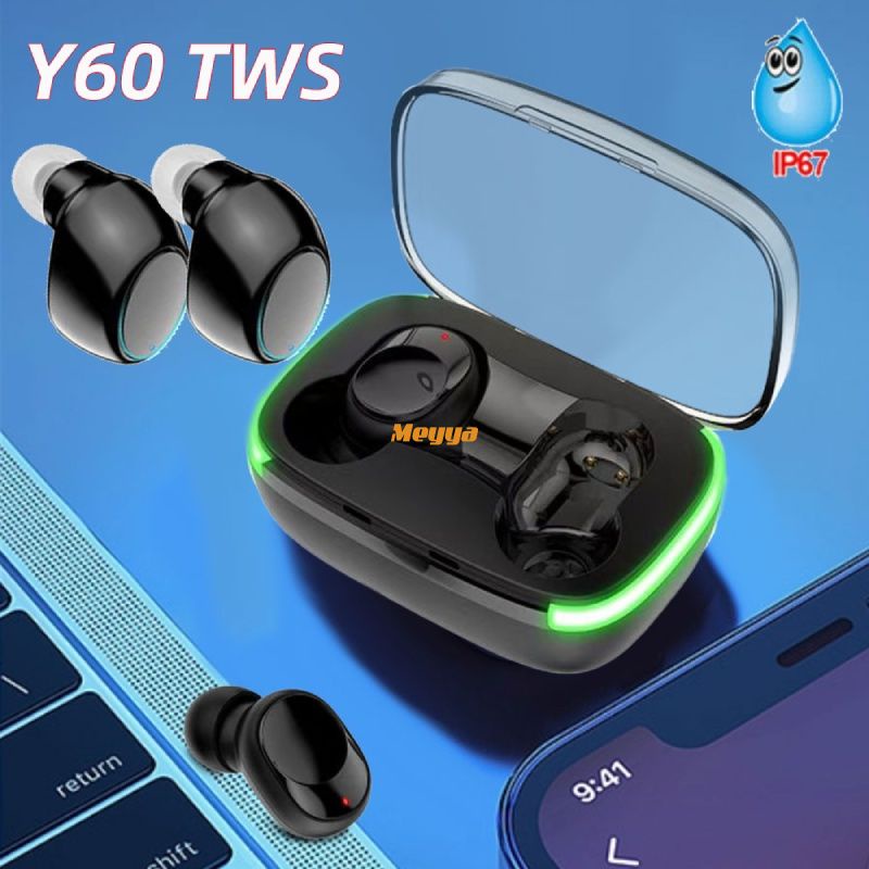 Fone de ouvido Bluetooth original TWS Y60 Fone, fones de ouvido sem fio, estéreo, baixo, música, display digital, controle de toque, fone de ouvido