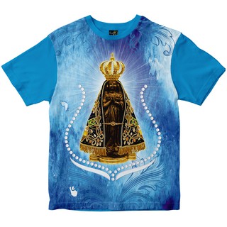 Camiseta Nossa Senhora Aparecida Arabesco e Luz Rainha do Brasil Azul Turquesa