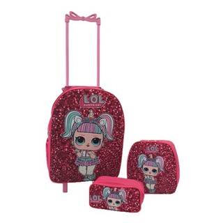 Kit Mochila Infantil LOL Unicórnio Shine de Rodinhas + Lancheira + Estojo Rosa