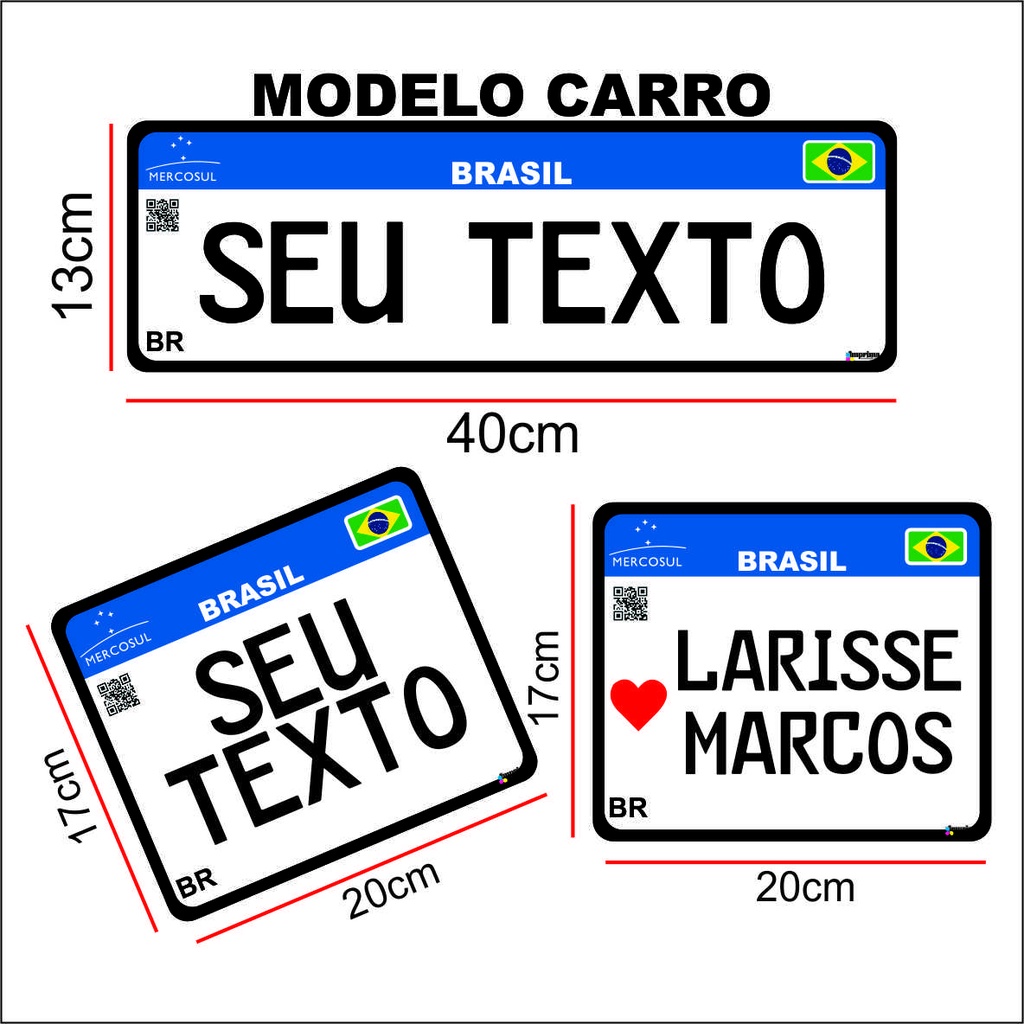 Placa decorativa carro moto mercosul seu texto diversos modelos