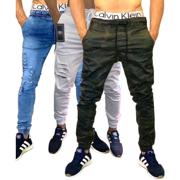 Calças Jeans Sarja Masculina Jogger C/ Punho Lycra KIT COM 3 PEÇAS
