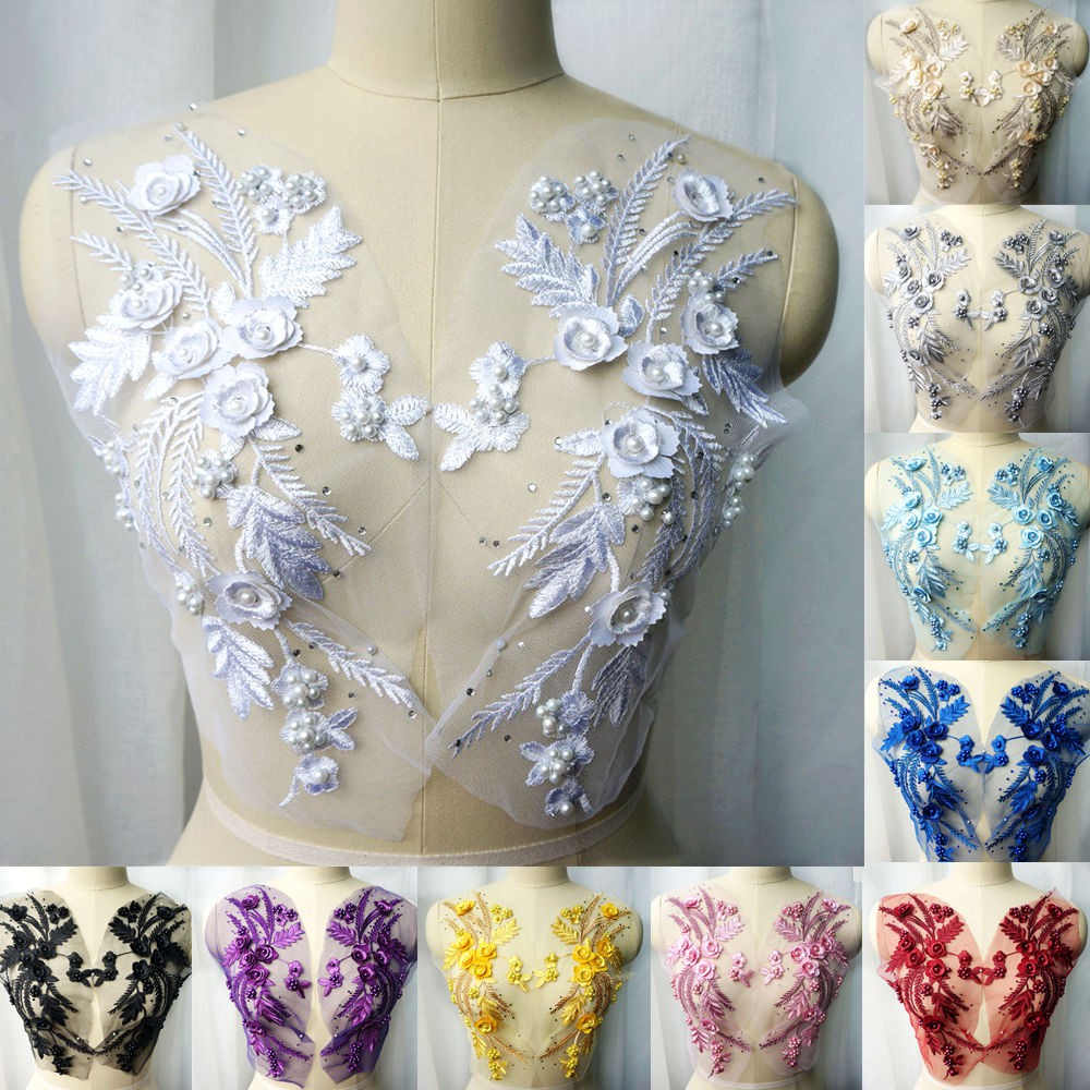 2 Pçs Bordado Rendas Apliques Costura Contas Flor Tule Tecido Colar Remendo Vestido De Casamento Noiva Roupas DIY Artesa