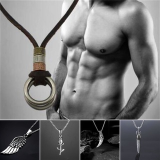 Colar Dos Homens Do Vintage Da Moda Asas Rosa Pena Lobo Dente Pingente De Aço Inoxidável Couro Punk Anel Duplo Para
