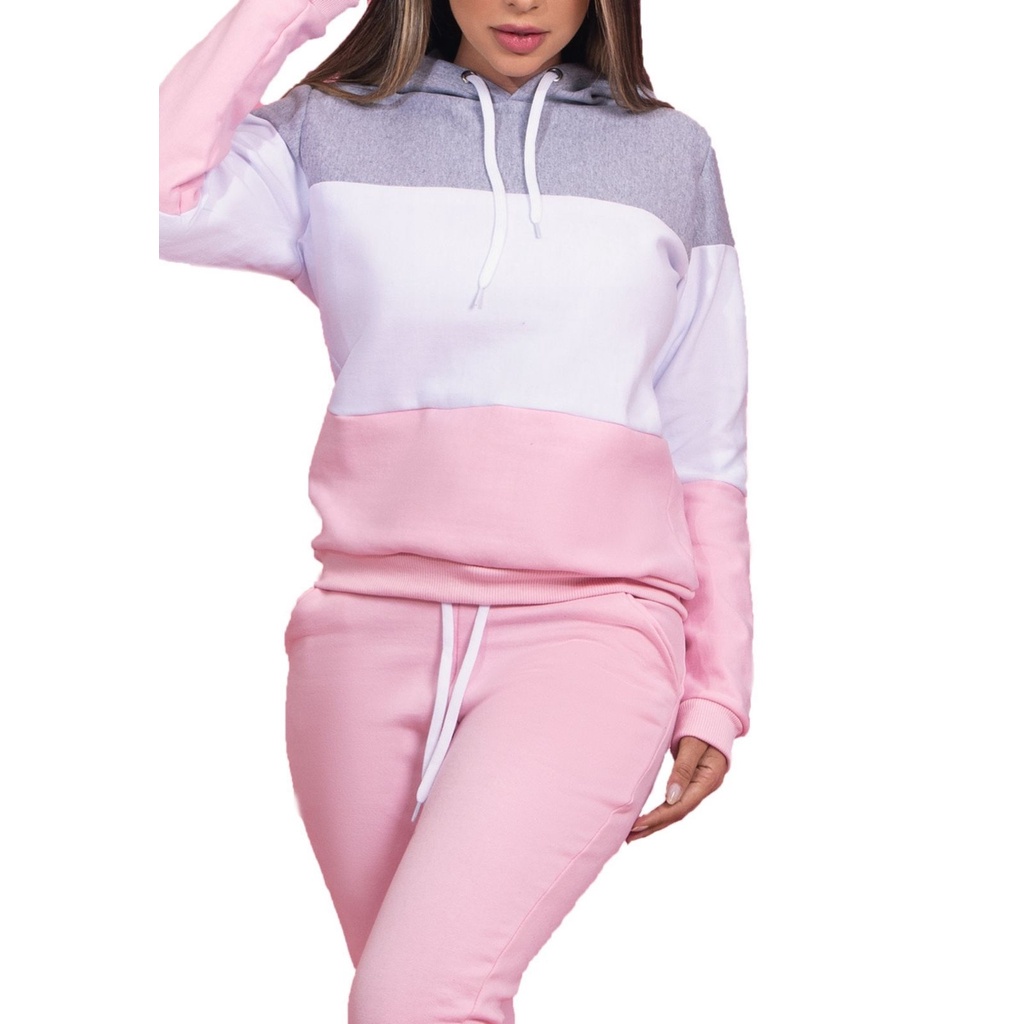 Conjunto Moletom Fechado Haldrys Blusa Três Cores com Capuz e Calça Lisa Punhos