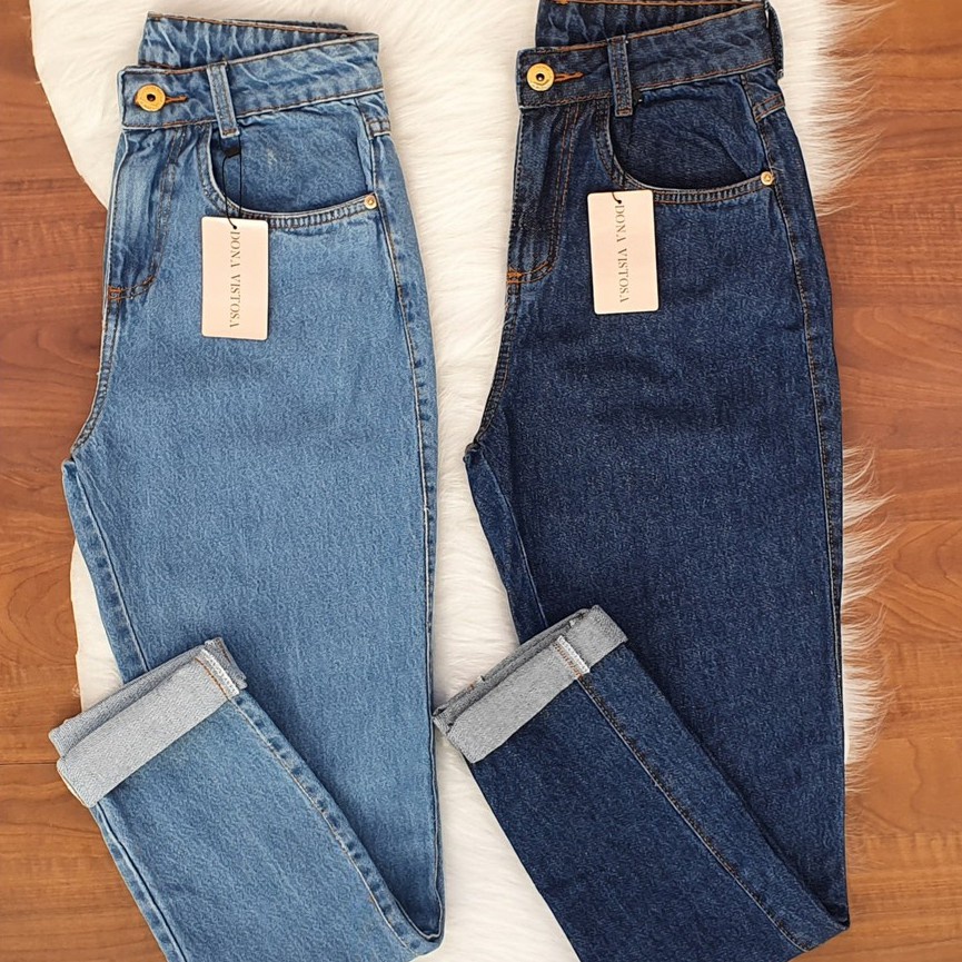 calça jeans mom cintura super alta azul escuro