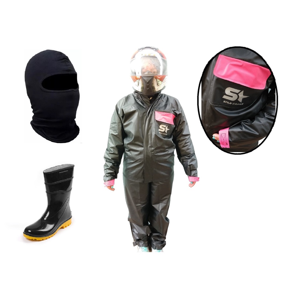 Capa De Chuva - Conjunto Calça Jaqueta Impermeavel Feminina Pvc Com Bolso - Moto / Motoqueiro + Touca Balaclava + Bota de Borracha