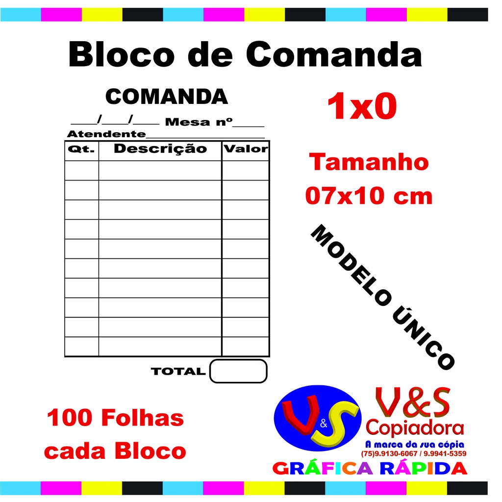 01 BLOCO DE COMANDA BAR, RESTAURANTE, PIZZARIA (MODELO ÚNICO) c/ 100 folhas  | Shopee Brasil