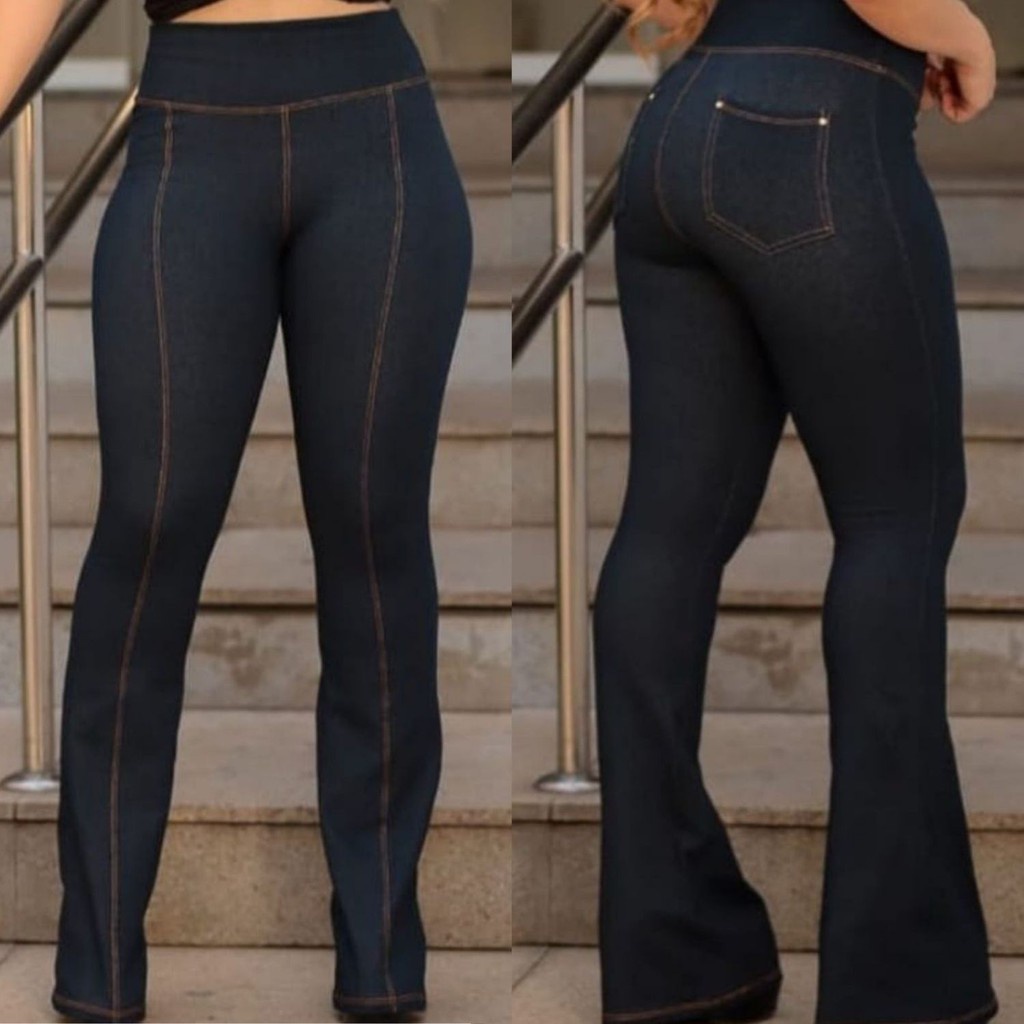 Calça Feminina Flare Jeans Fake estilo Legging Cintura Alta Boca de Sino -  Escorrega o Preço