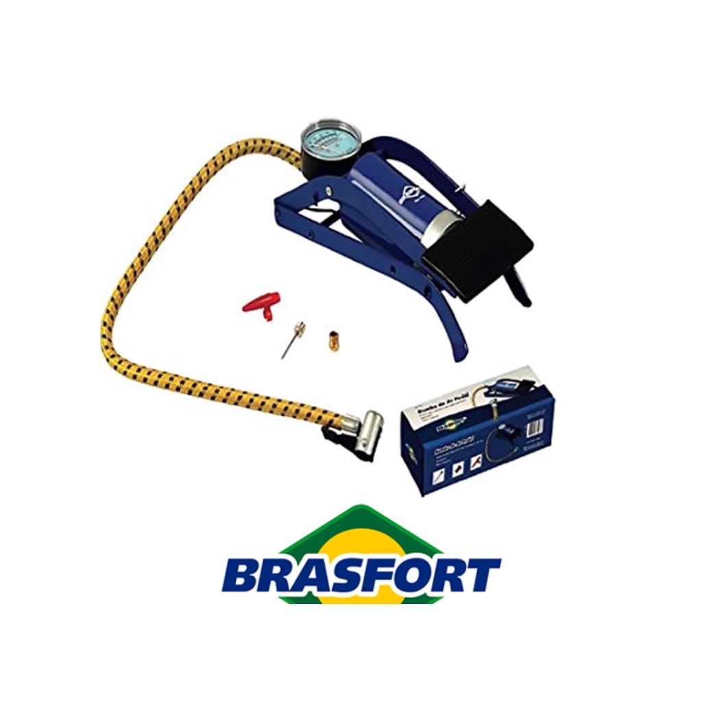 BOMBA DE AR PEDAL PARA PNEU, BICICLTEAS, MOTO, BOLA INFLAVEL. COM MANÔMETRO E 03 BICOS ADAPTADOR - BRASFORT